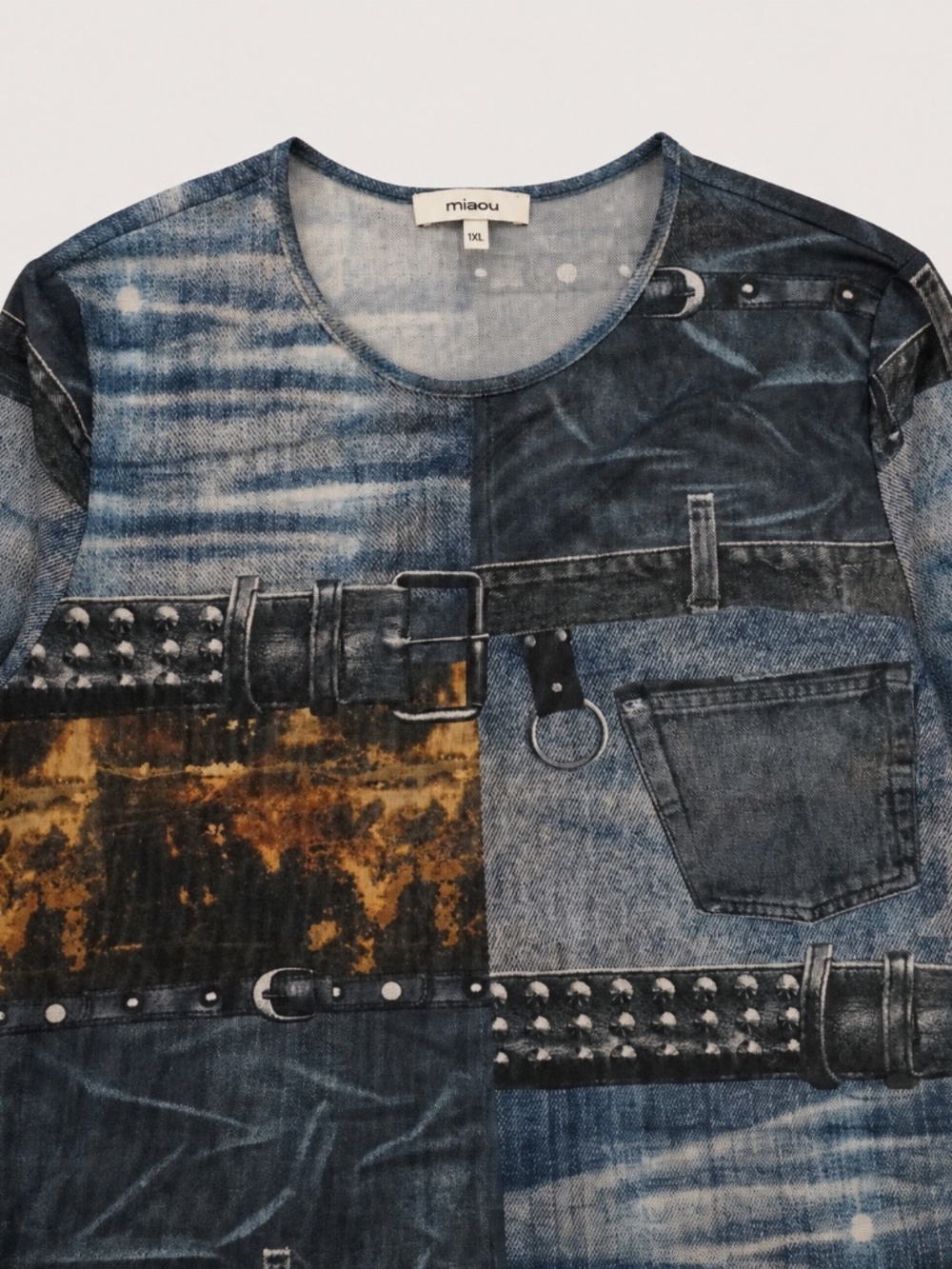 Vintage Y2K Miaou Denim Leather Belt Print Mesh Top 1XL